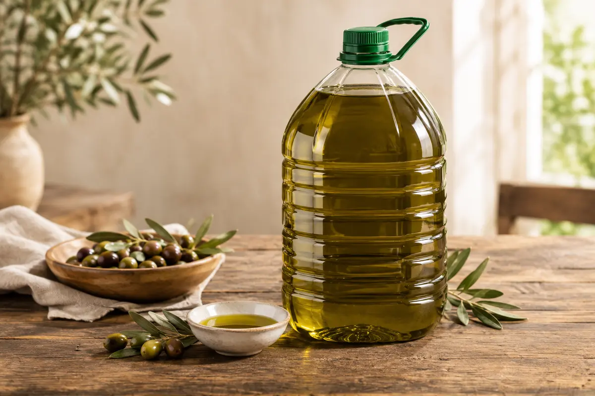 Bidon de 5 L d’huile d’olive vierge extra en PET posé sur une table avec quelques olives.