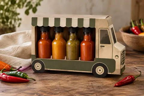 Coffret food truck de quatre sauces piquantes présenté avec quelques piments sur une table en bois.