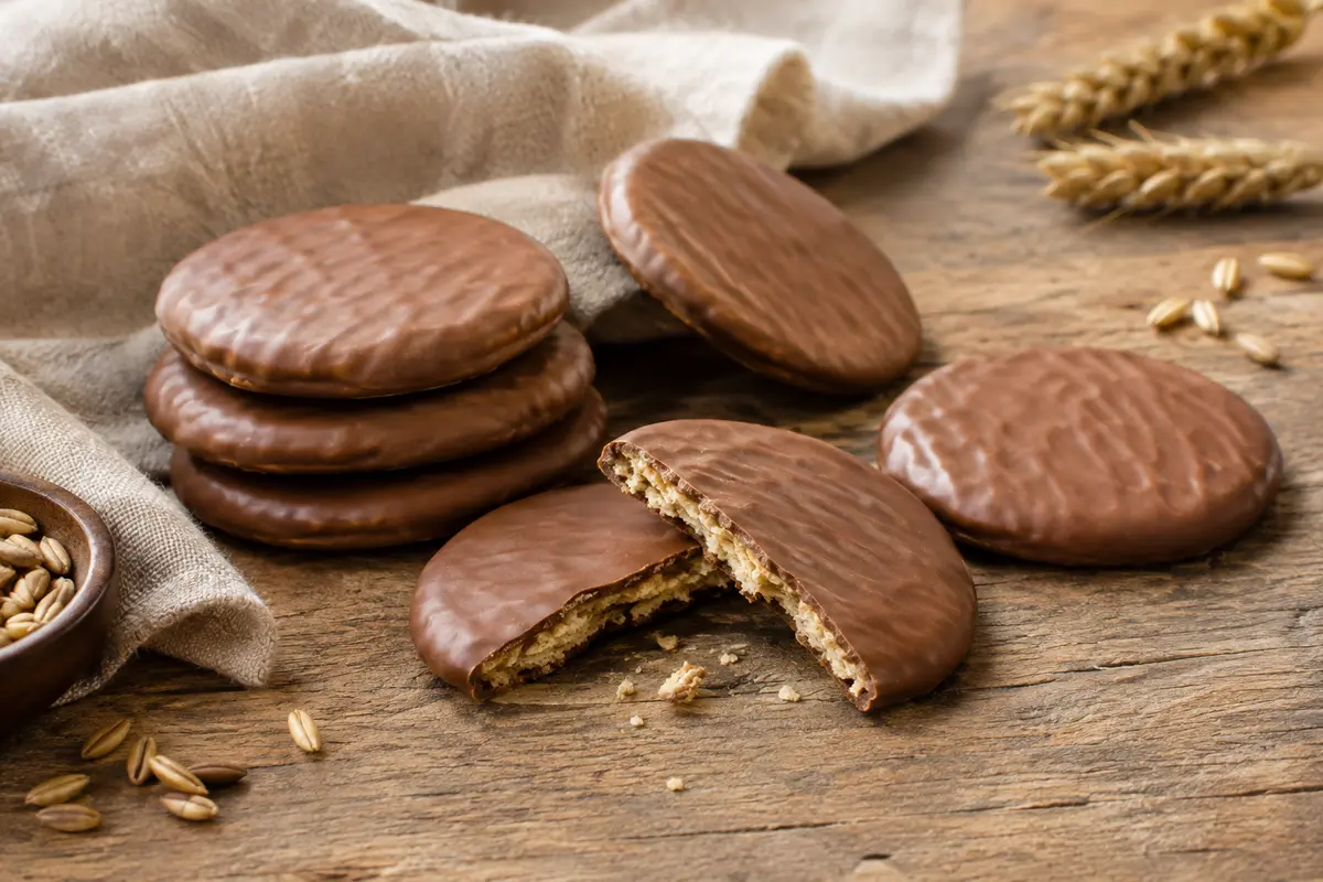 Biscuits fins croquants recouverts de chocolat au lait, présentés sur une table en bois avec un linge écru.