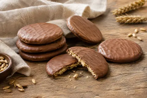 Biscuits fins croquants recouverts de chocolat au lait, présentés sur une table en bois avec un linge écru.