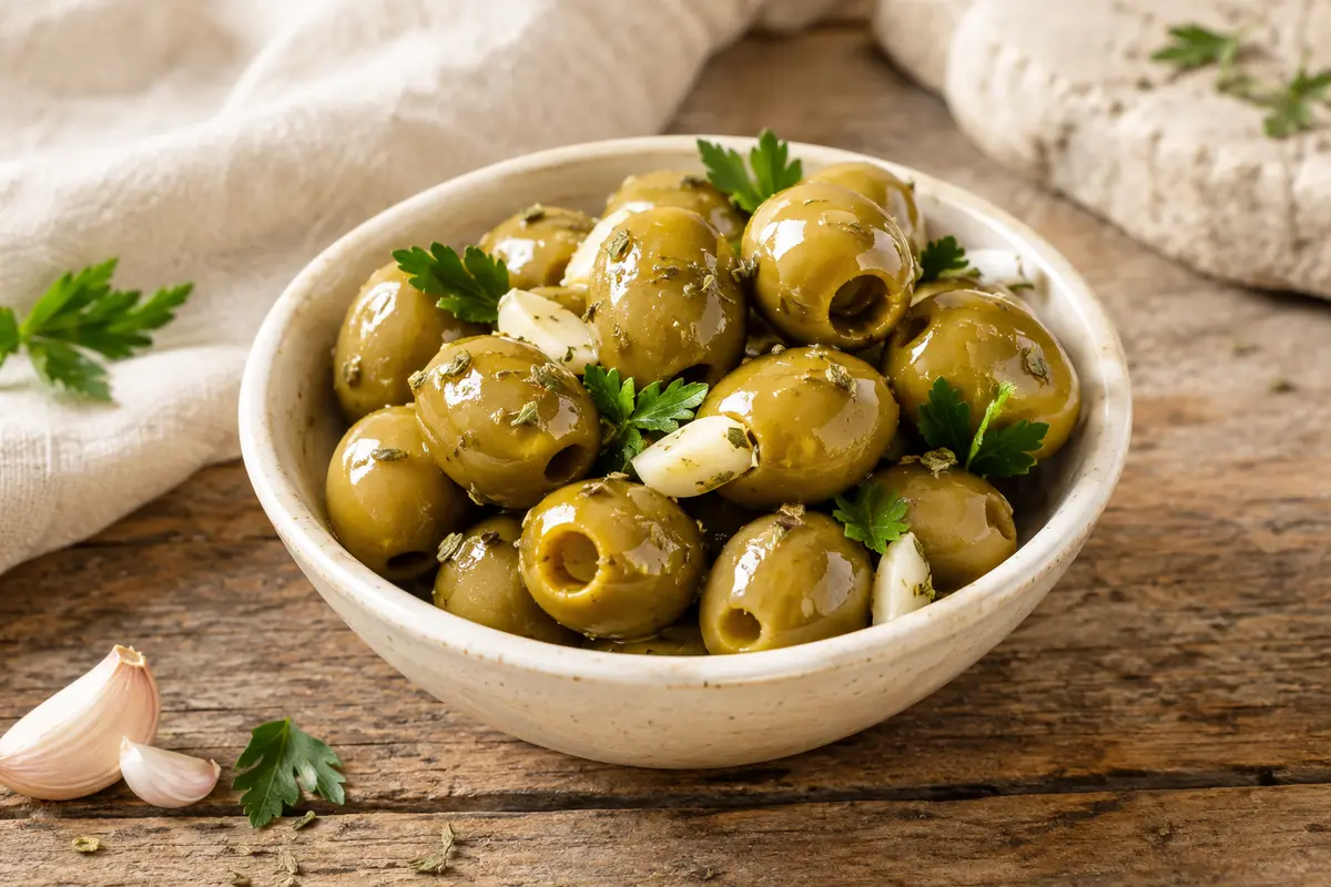 Olives vertes dénoyautées à l’ail, au persil et aux herbes de Provence dans un bol sur une table en bois.