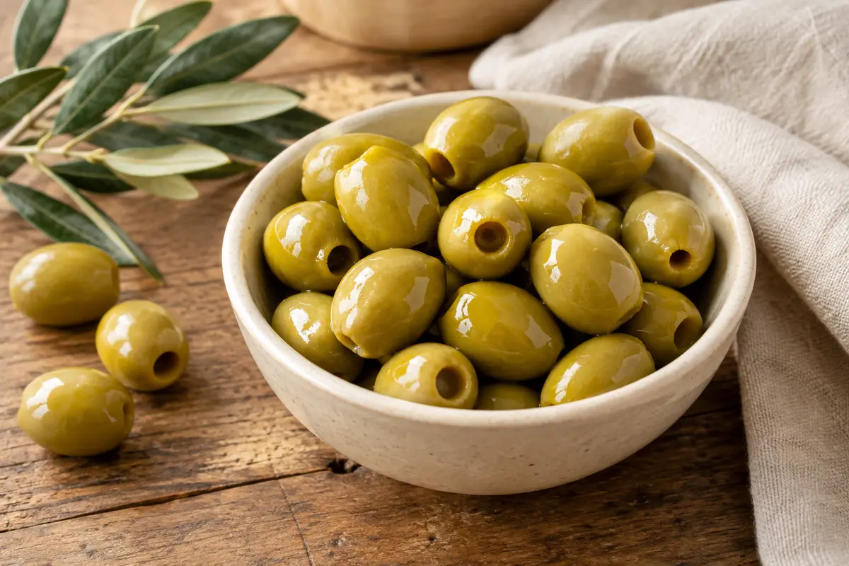 Olives vertes Manzanilla dénoyautées présentées dans une coupelle crème sur une table en bois