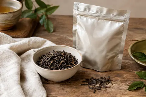 Sachet de thé noir Darjeeling en vrac avec des feuilles et une tasse fumante sur une table en bois.