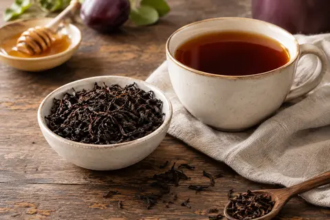 Feuilles de thé noir en vrac dans une coupelle, avec une tasse infusée posée sur une table en bois patiné.