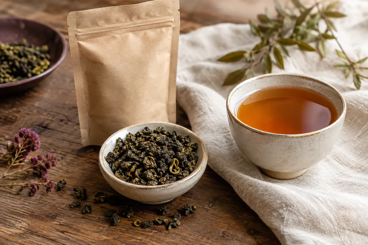 Feuilles de thé oolong en vrac près d’une tasse, sur une table en bois éclairée par la lumière naturelle.