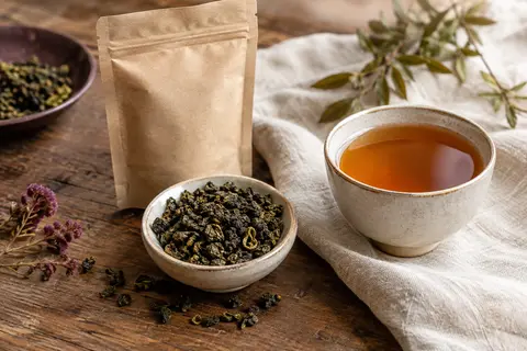 Feuilles de thé oolong en vrac près d’une tasse, sur une table en bois éclairée par la lumière naturelle.