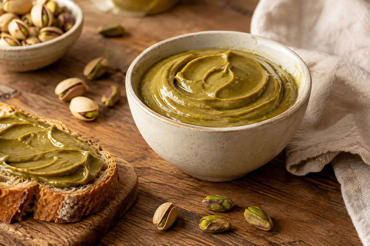 Crème douce de pistaches servie dans un bol, avec une tartine et quelques pistaches sur une table en bois.