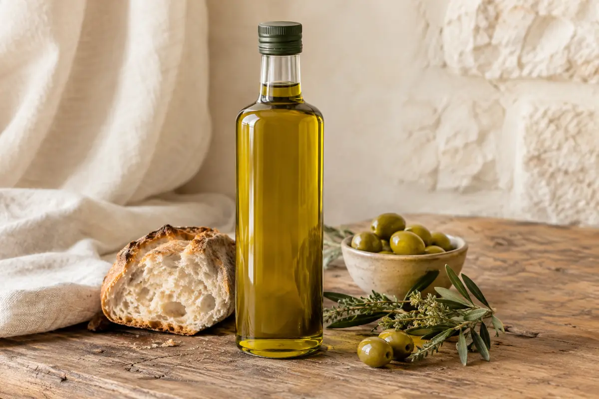 Bouteille d’huile d’olive vierge extra de Priego accompagnée d’olives et de pain sur une table en bois