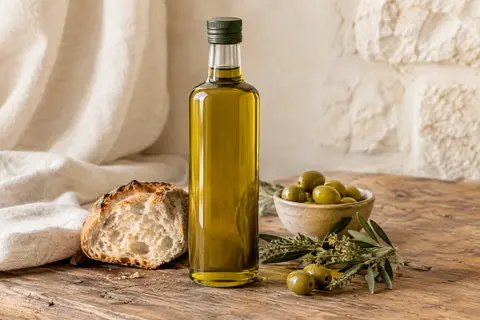 Bouteille d’huile d’olive vierge extra de Priego accompagnée d’olives et de pain sur une table en bois