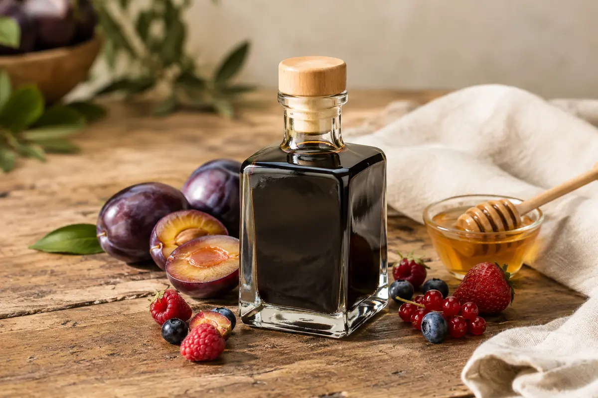 Flacon Cubica de vinaigre balsamique de Modène Giusti près de prunes et de fruits rouges sur une table en bois.