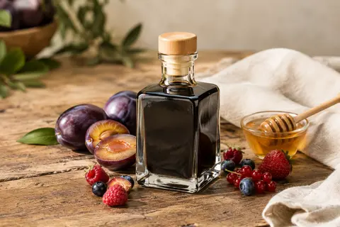 Flacon Cubica de vinaigre balsamique de Modène Giusti près de prunes et de fruits rouges sur une table en bois.
