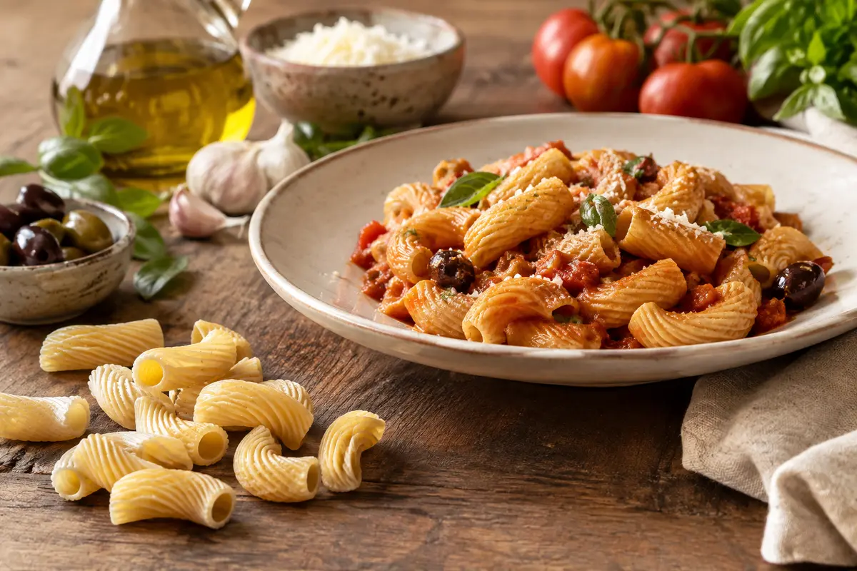 Tortiglioni secs Voiello n° 125, pâtes courtes striées disposées sur une table en bois patiné