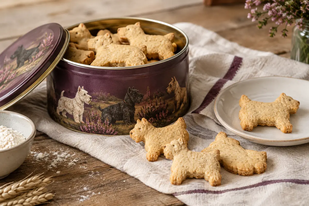 Sablés écossais en forme de terrier présentés près de leur boîte métallique sur une table en bois