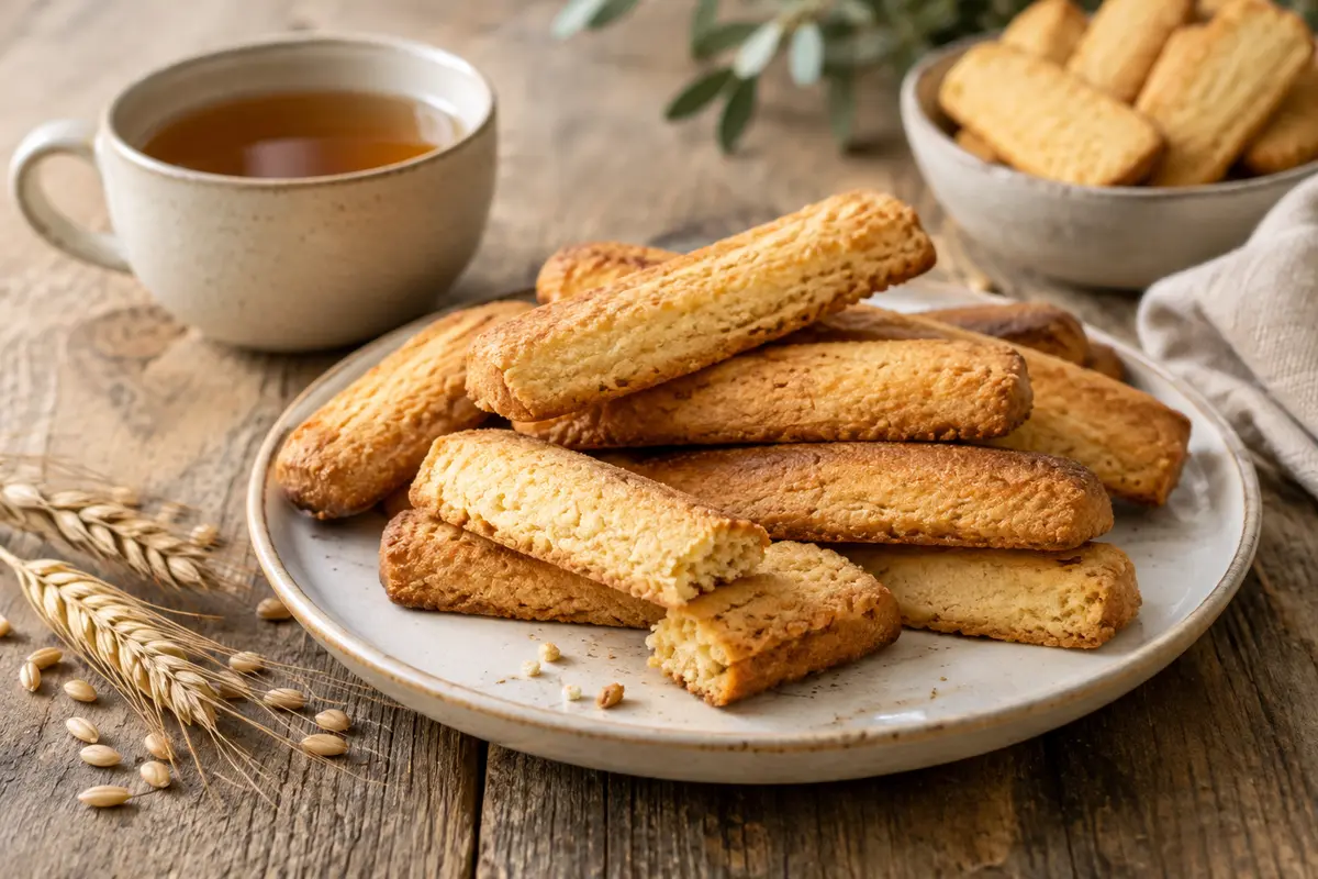 Sablés fingers Walkers allongés et dorés présentés sur une table en bois avec une tasse de thé.