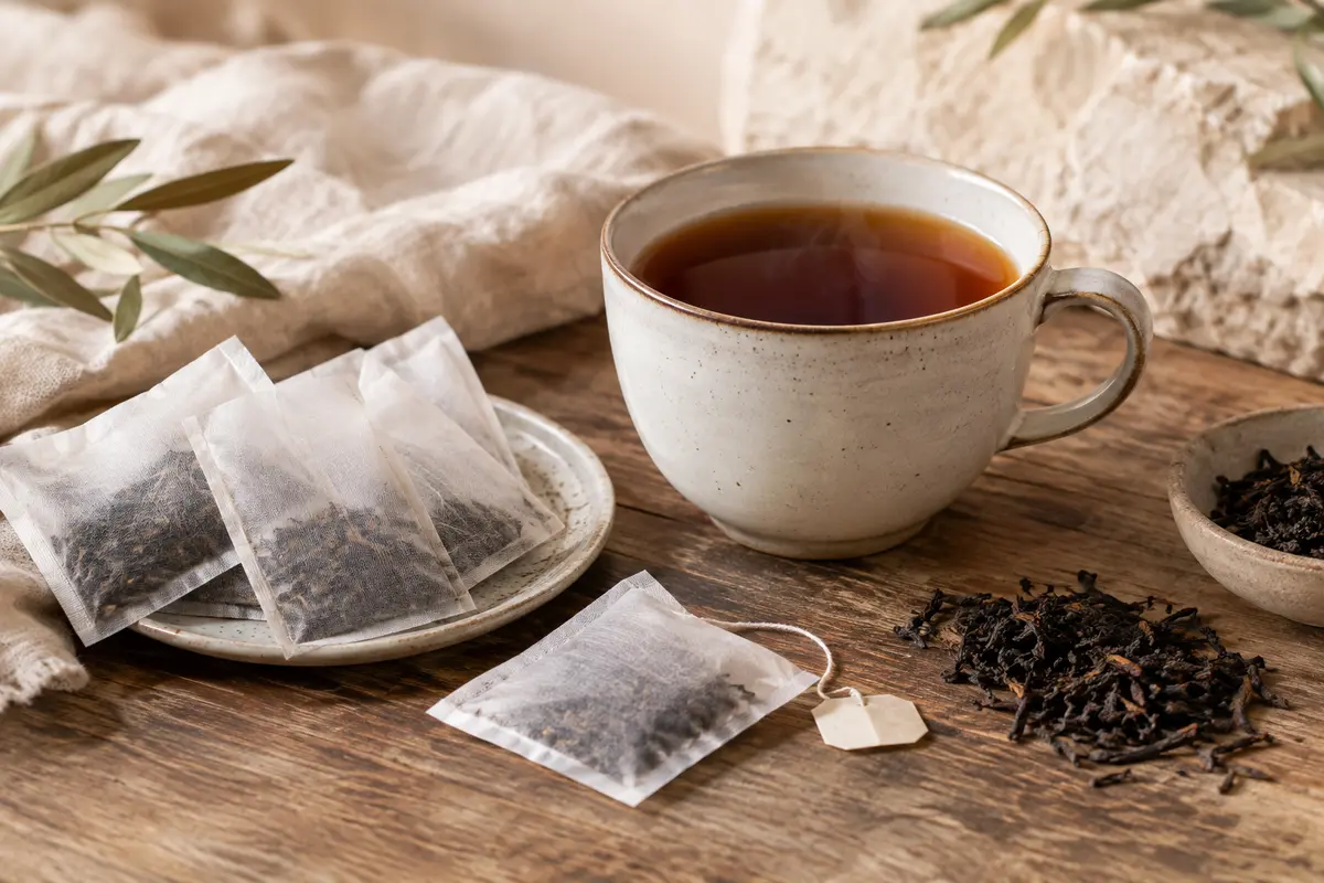 Tasse de thé noir décaféiné accompagnée de sachets sur une table en bois patiné