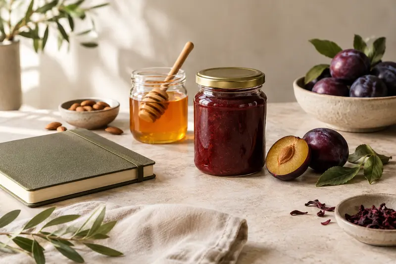 Confiture, thé, vinaigre et olives présentés dans une ambiance de sélection gourmande.