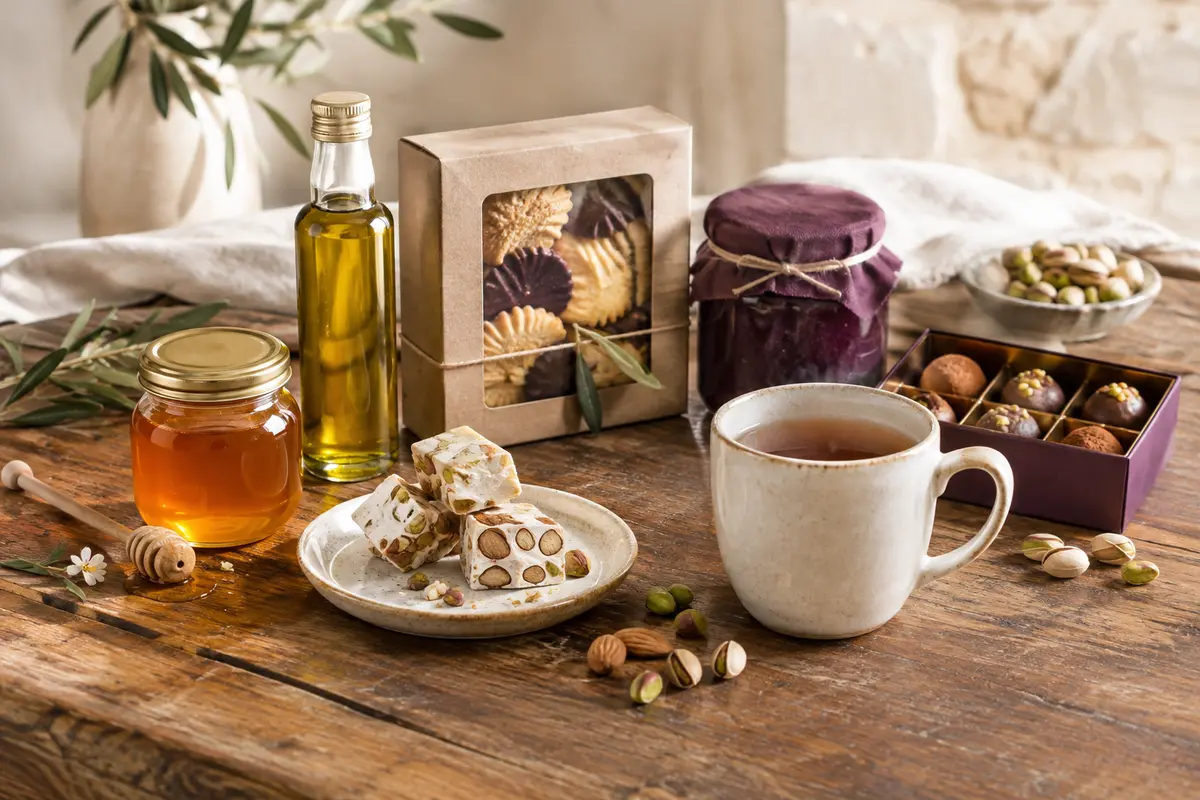 Miel, biscuits, huile d’olive et café réunis pour illustrer l’épicerie fine du quotidien.
